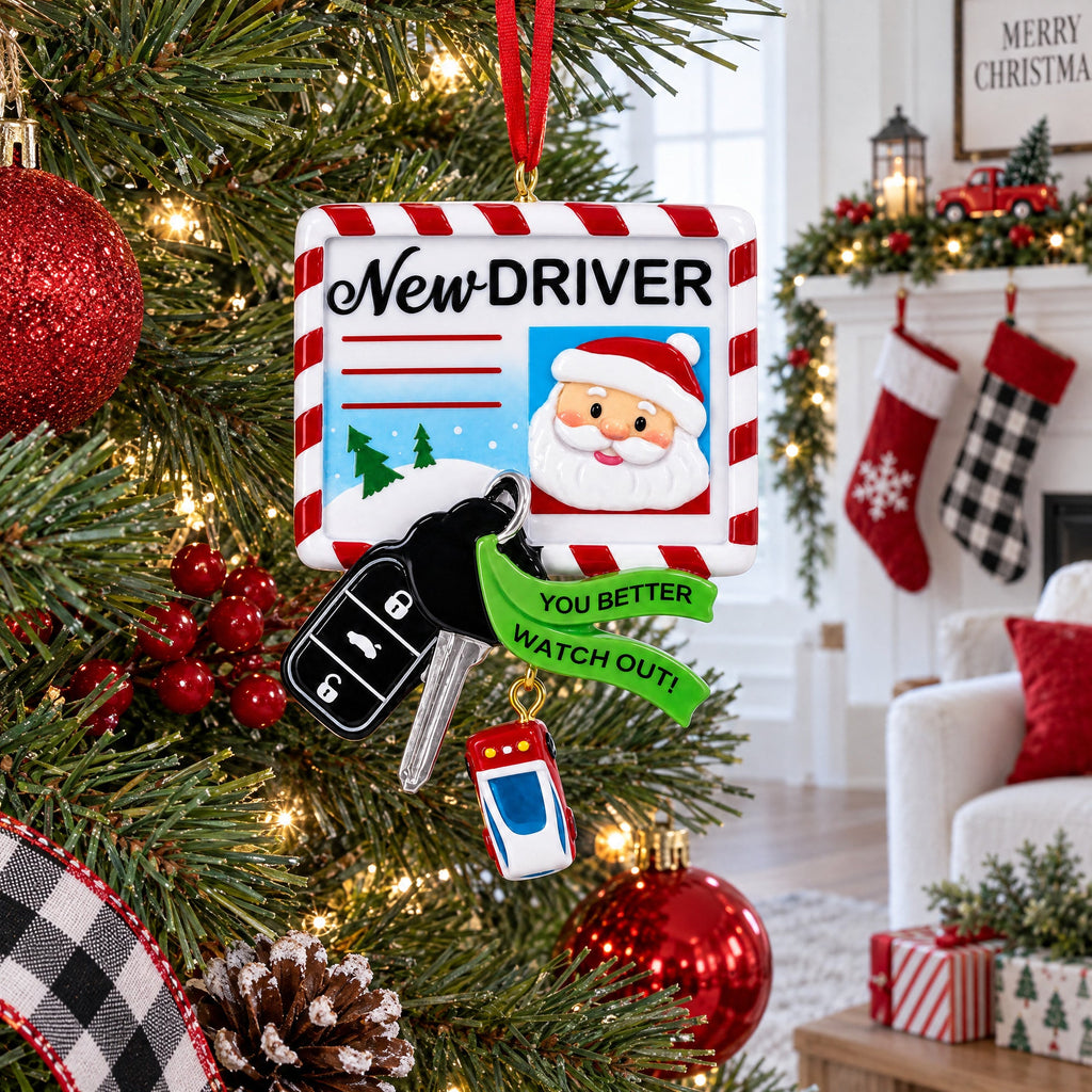 New Driver Santa License with Car Keys Resin Christmas Ornament