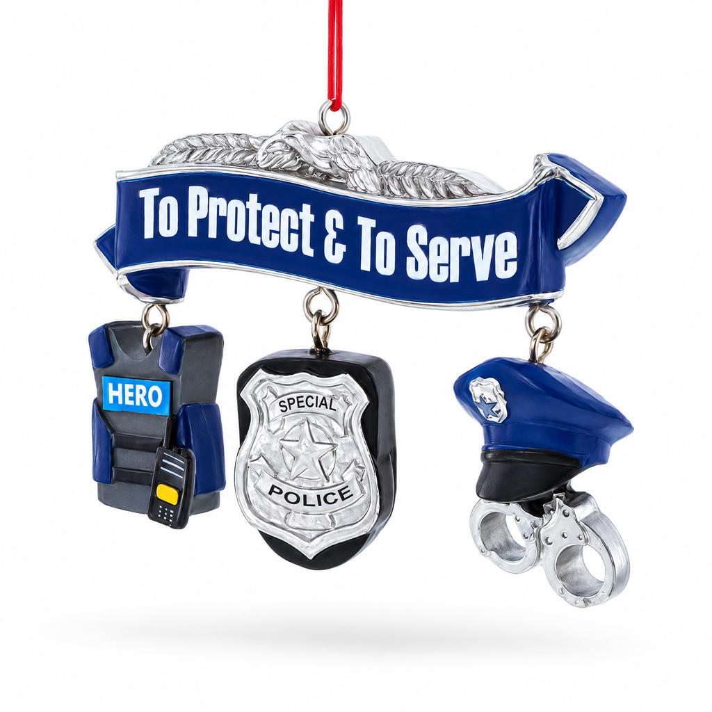 Serve Honor & Protect Police Badge and Gear Resin Christmas Ornament