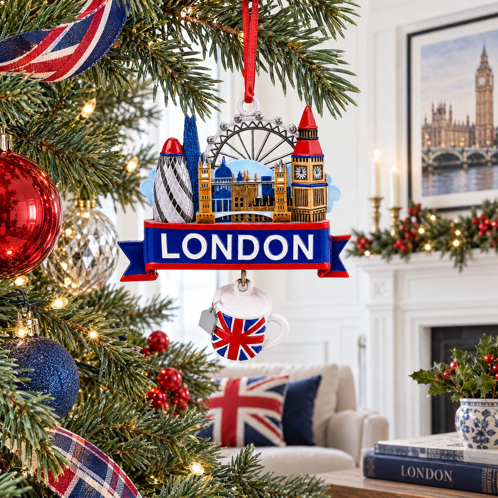 London City Skyline with Tea Cup Resin Christmas Ornament