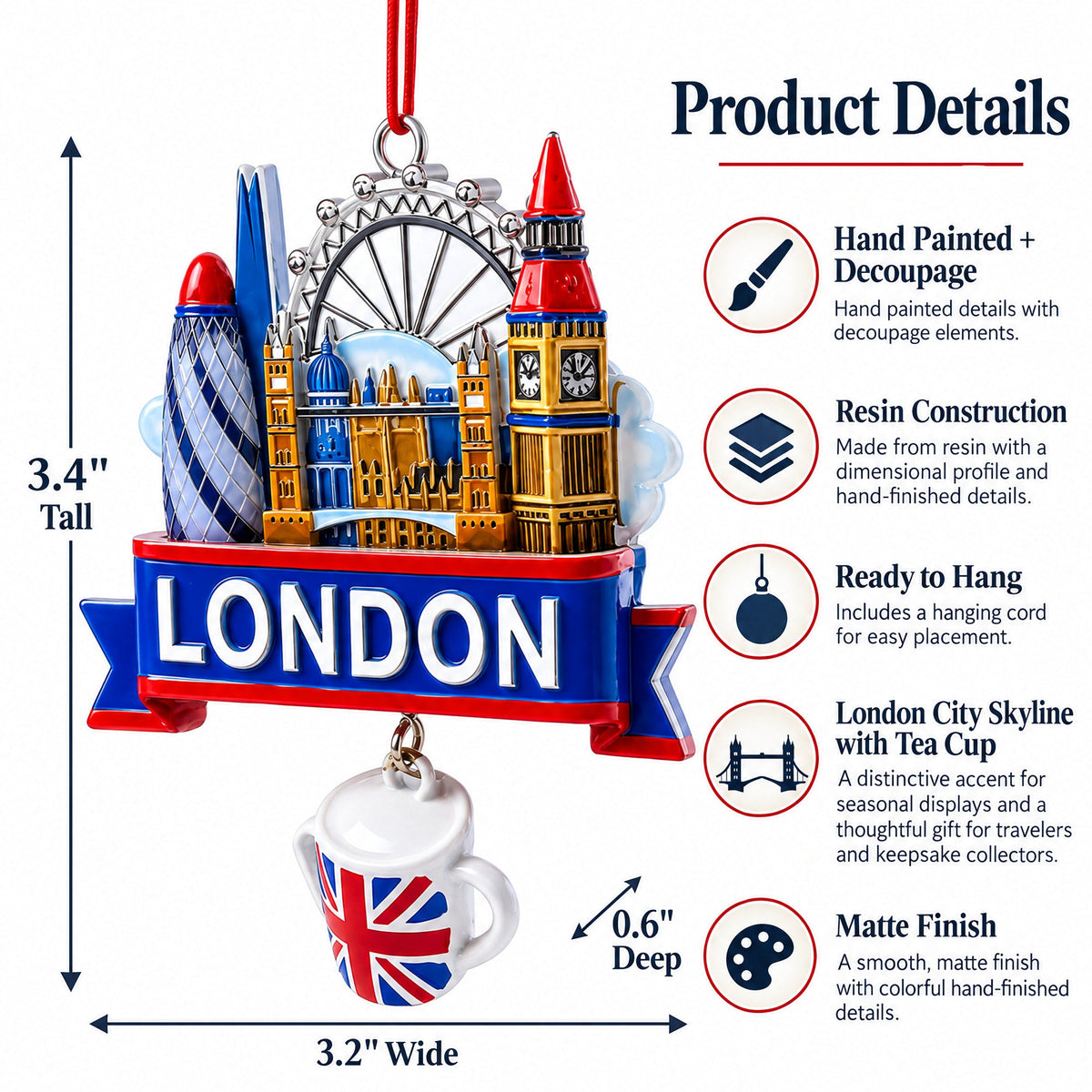 London City Skyline with Tea Cup Resin Christmas Ornament