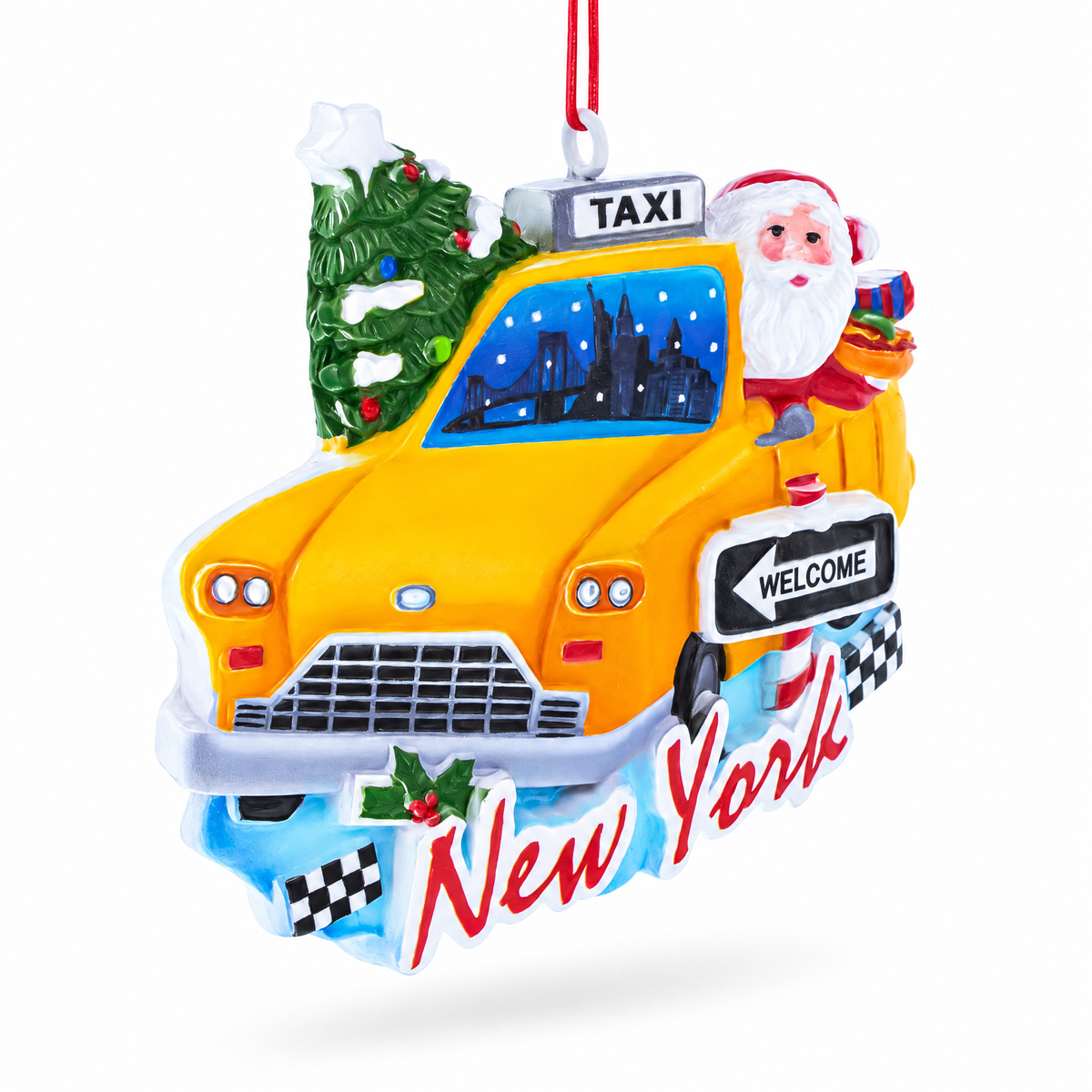 New York Taxi with Santa and Christmas Tree Resin Christmas Ornament