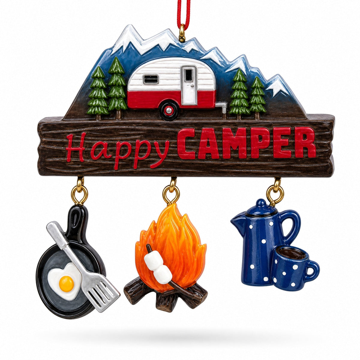 Happy Camper with Campfire and Cookware Resin Christmas Ornament