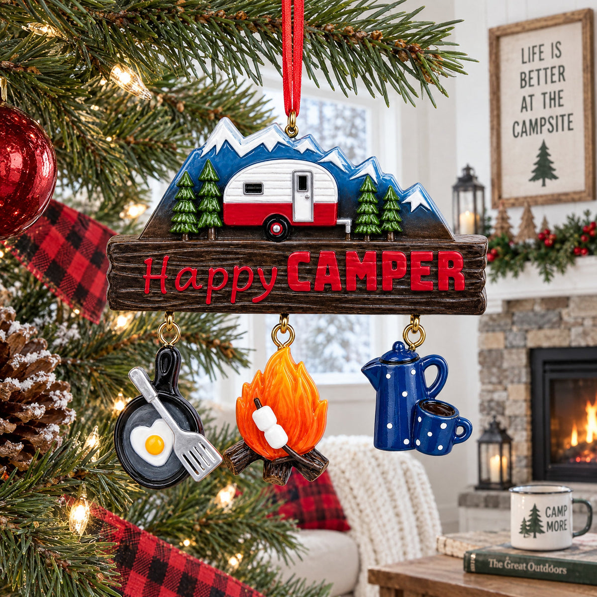 Happy Camper with Campfire and Cookware Resin Christmas Ornament