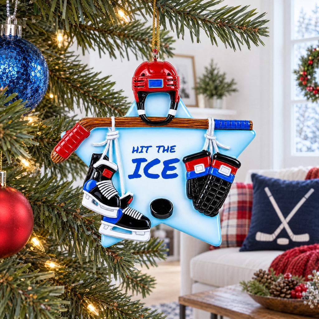 Hit the Ice Hockey Gear with Helmet and Stick Resin Christmas Ornament