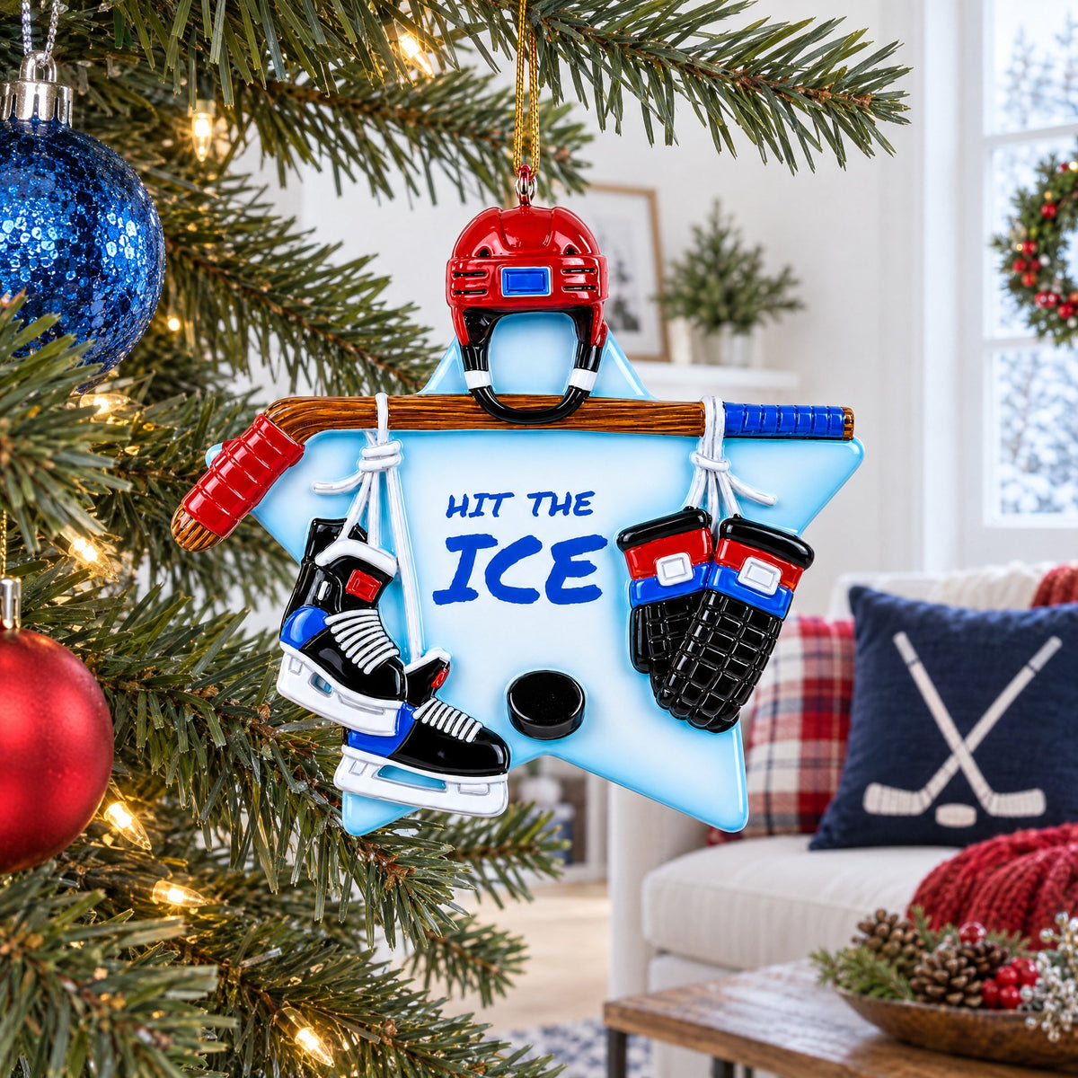 Hit the Ice Hockey Gear with Helmet and Stick Resin Christmas Ornament