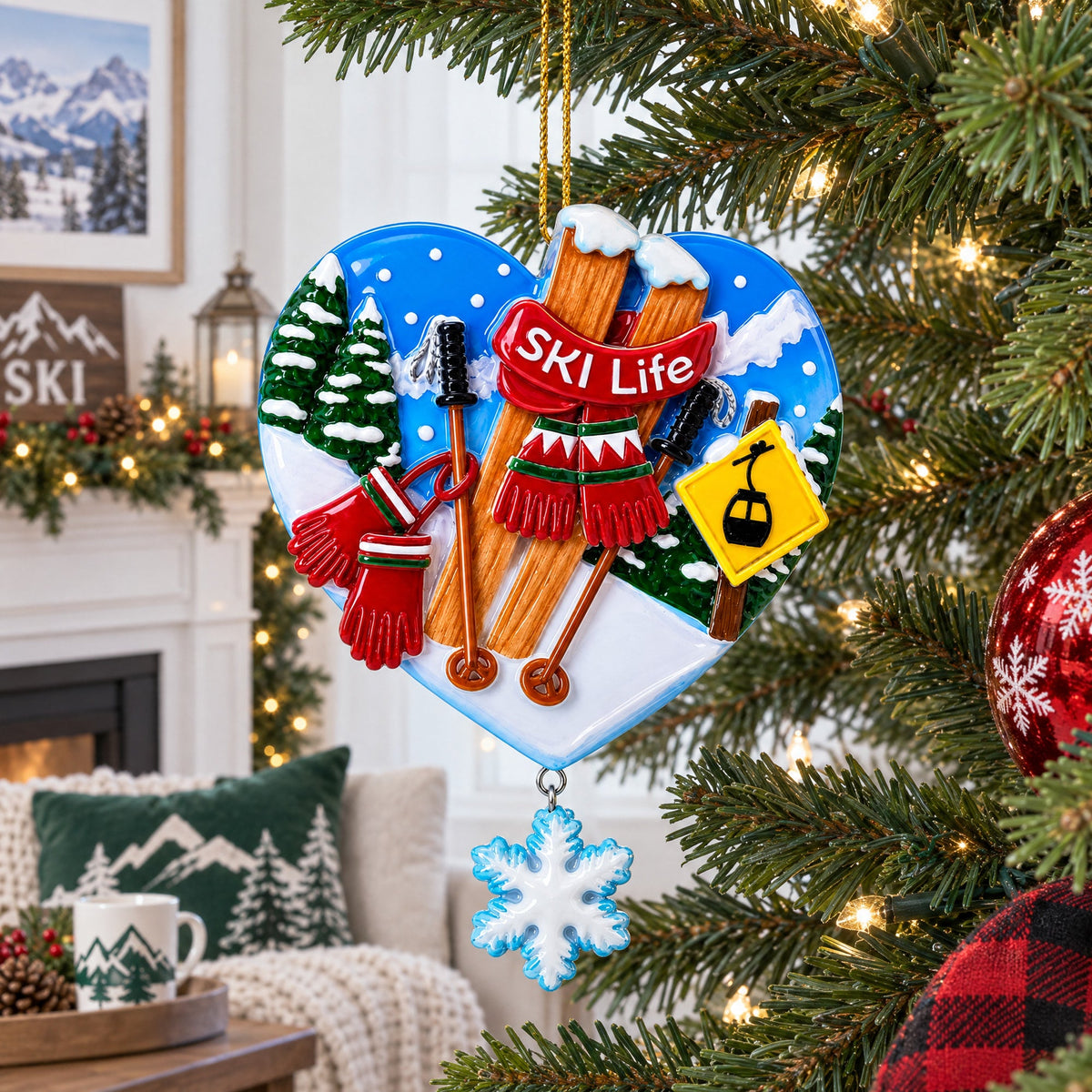Ski Life Skis with Snowflake and Cable Car Resin Christmas Ornament