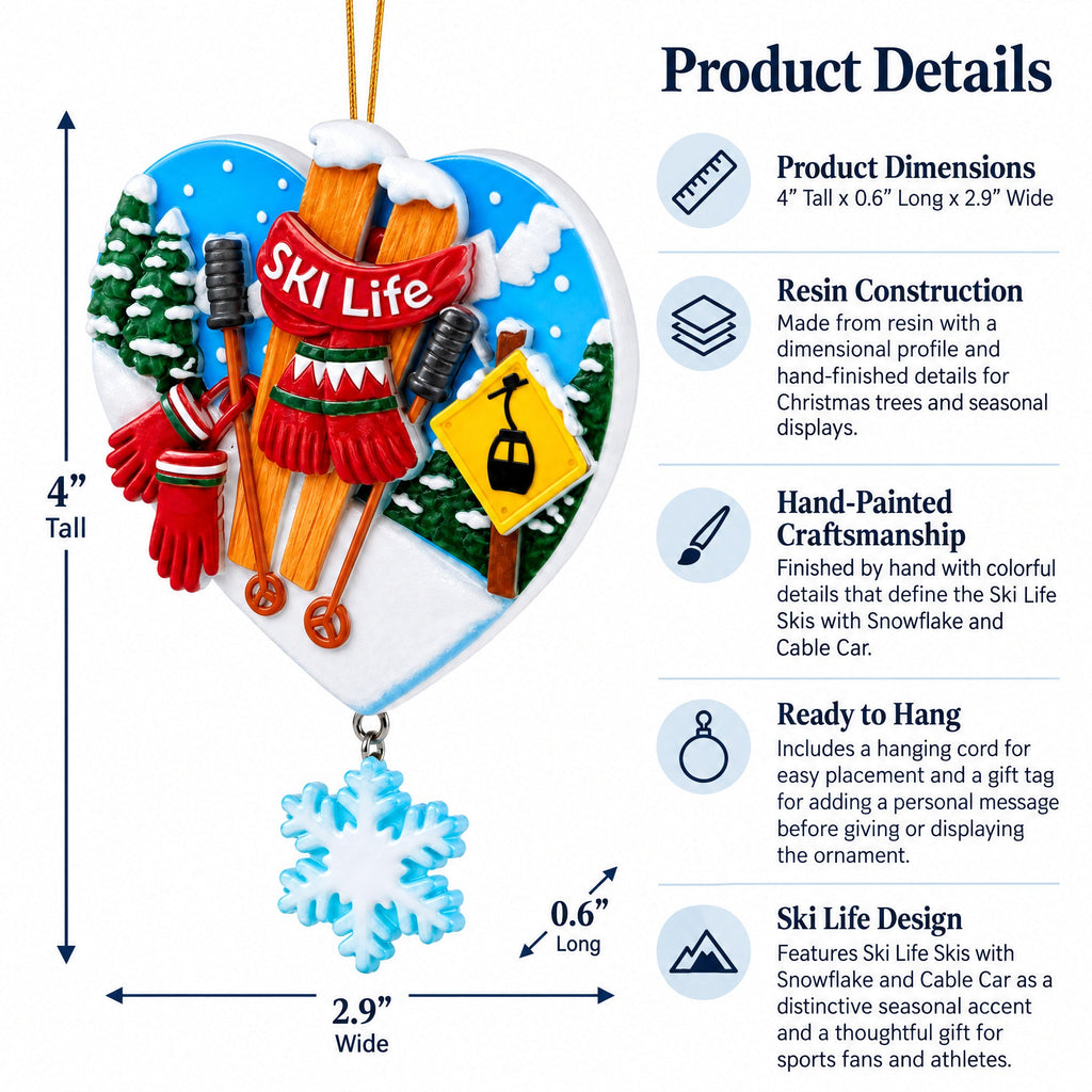 Ski Life Skis with Snowflake and Cable Car Resin Christmas Ornament