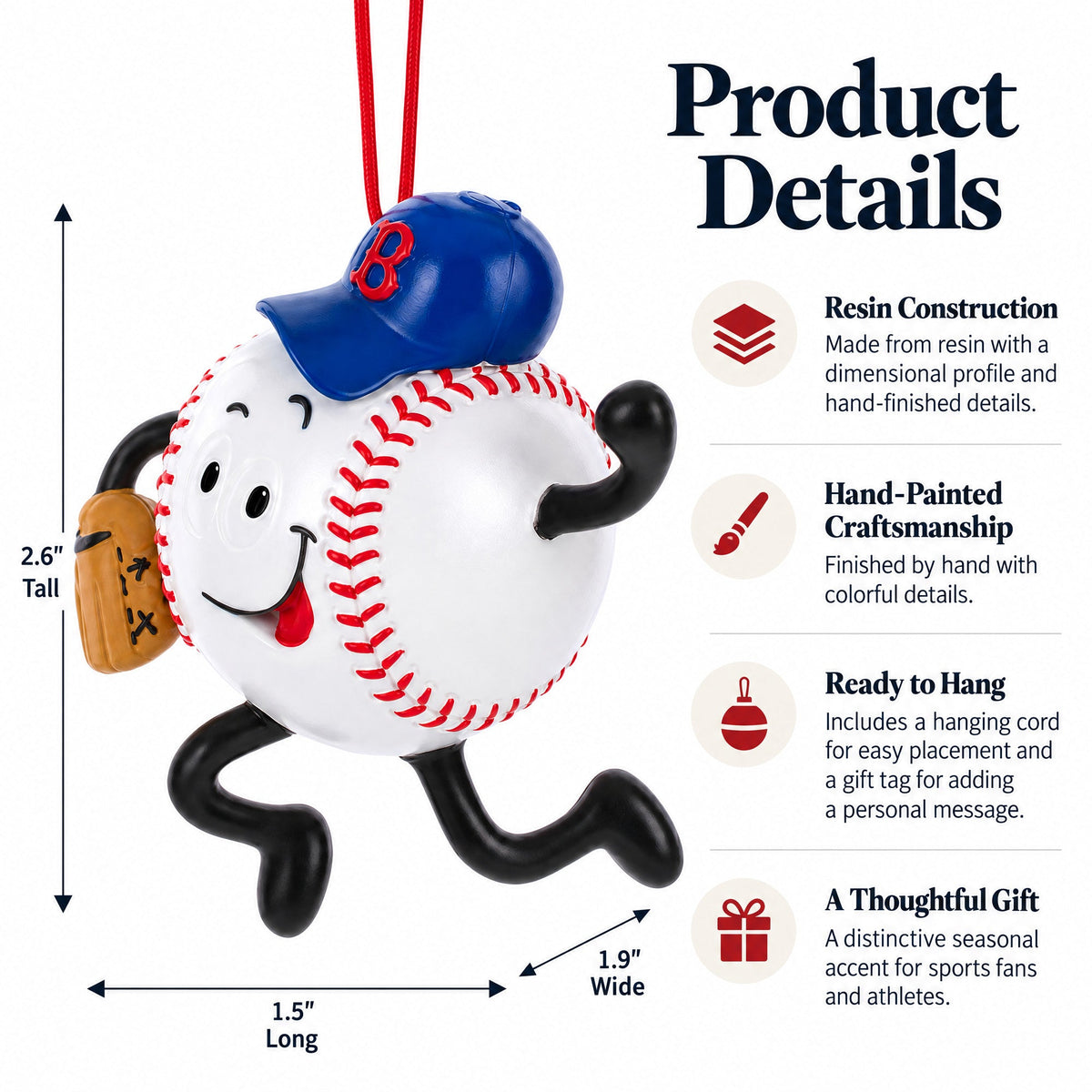 Smiling Baseball Character with Cap Resin Christmas Ornament