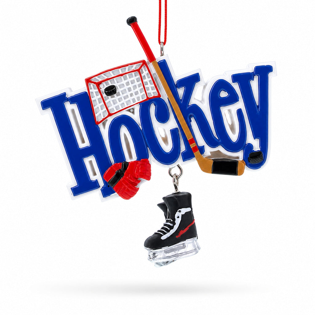 Hockey Word Art with Skates and Stick Resin Christmas Ornament