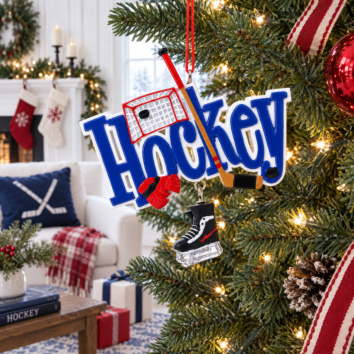 Hockey Word Art with Skates and Stick Resin Christmas Ornament