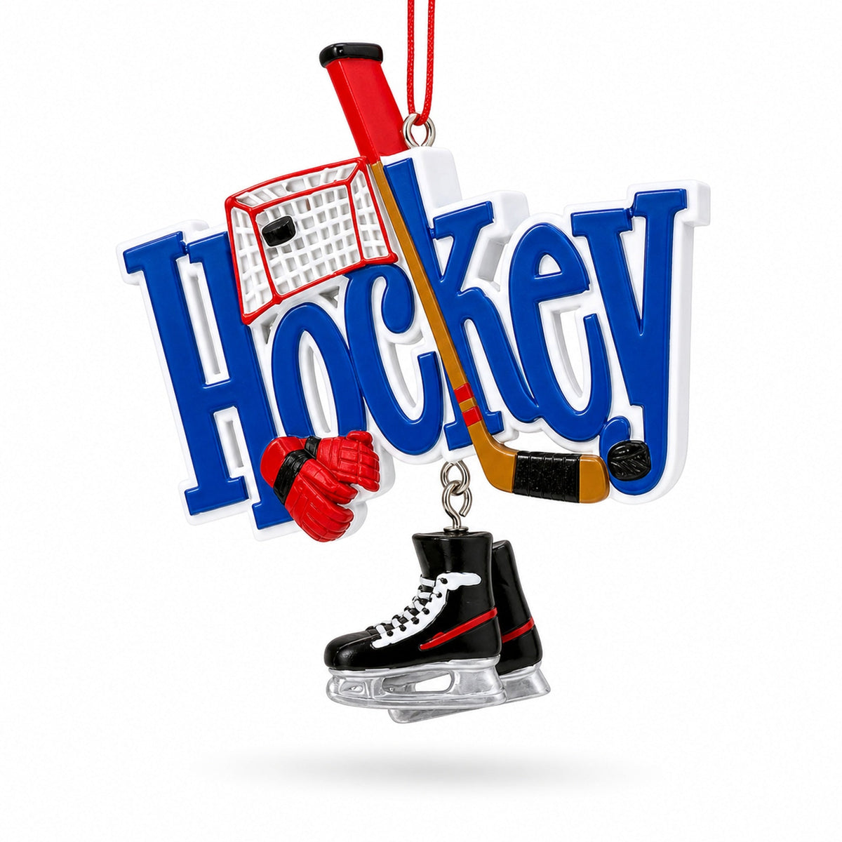 Hockey Word Art with Skates and Stick Resin Christmas Ornament