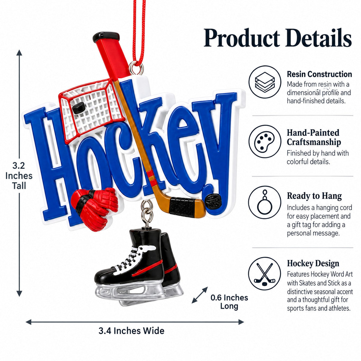 Hockey Word Art with Skates and Stick Resin Christmas Ornament