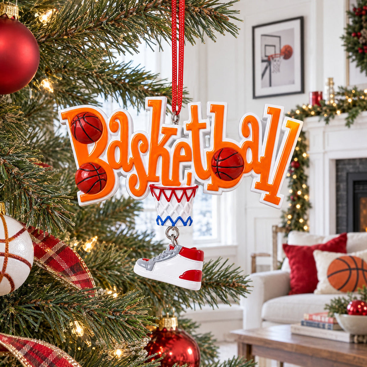 Basketball Word with Shoe and Hoop Resin Christmas Ornament