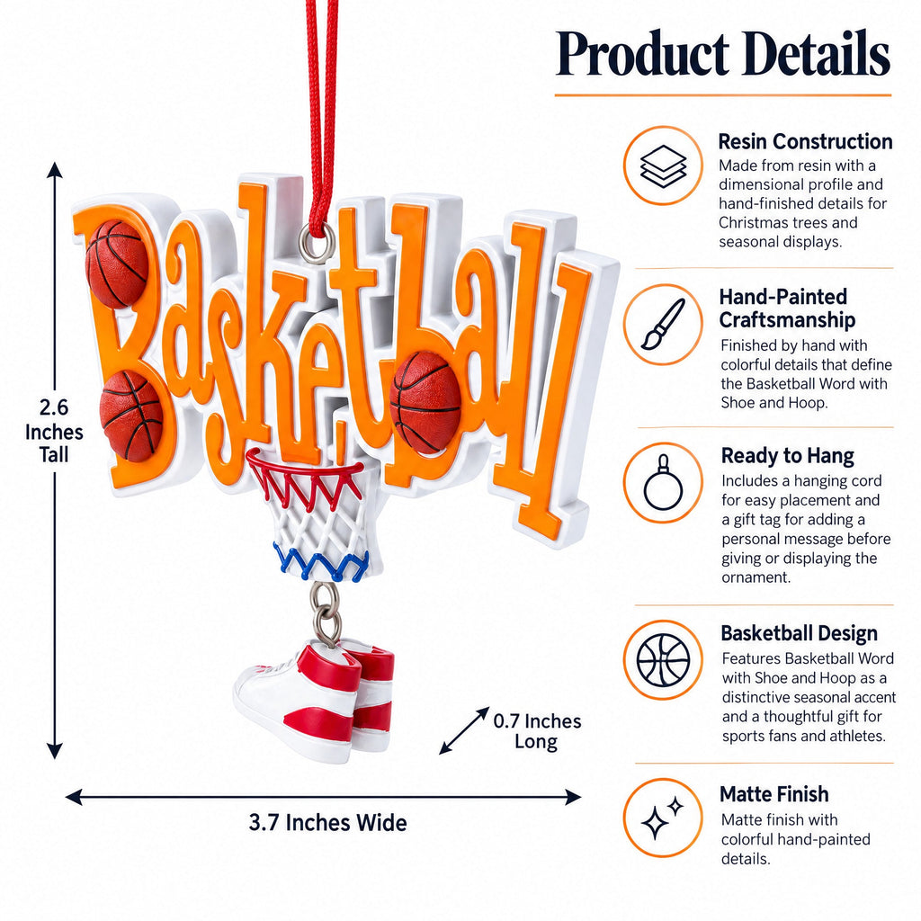 Basketball Word with Shoe and Hoop Resin Christmas Ornament