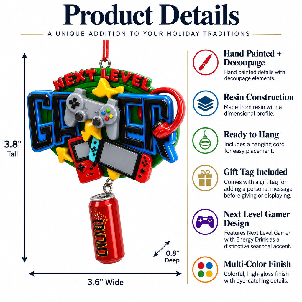Next Level Gamer with Energy Drink Resin Christmas Ornament