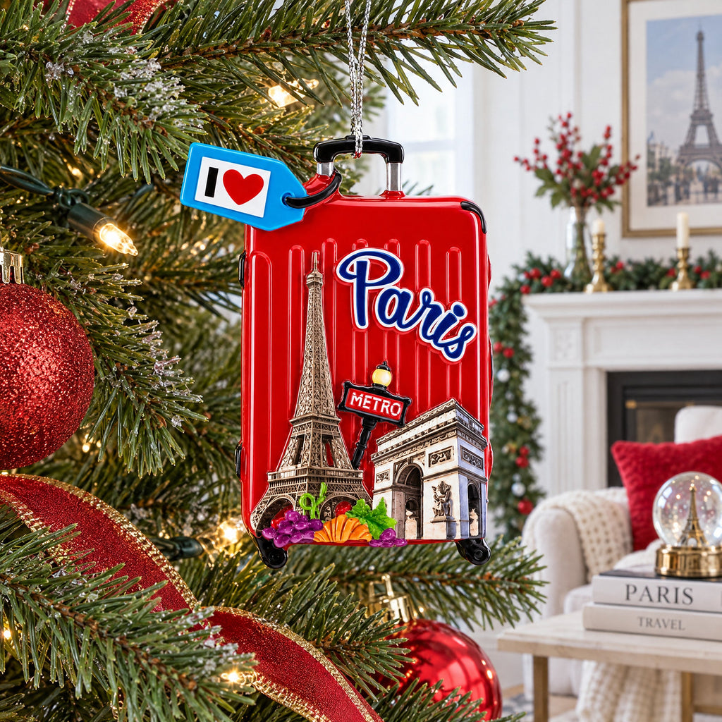 Paris Suitcase Travel Theme Resin Christmas Ornament