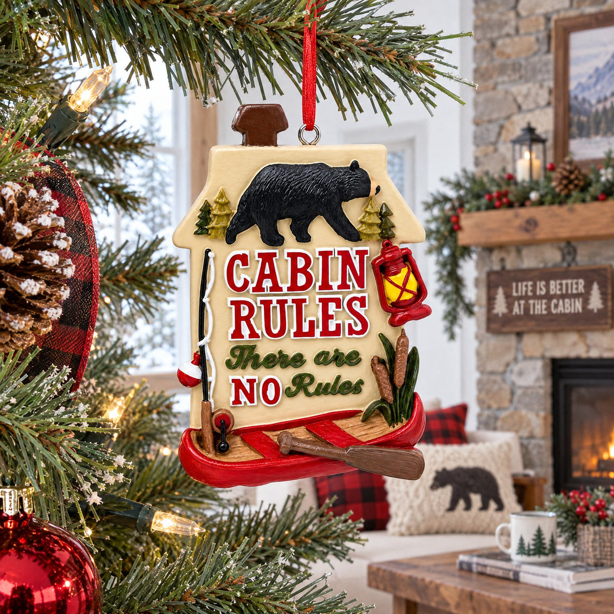 Rustic Cabin Rules Sign with Bear and Canoe Resin Christmas Ornament