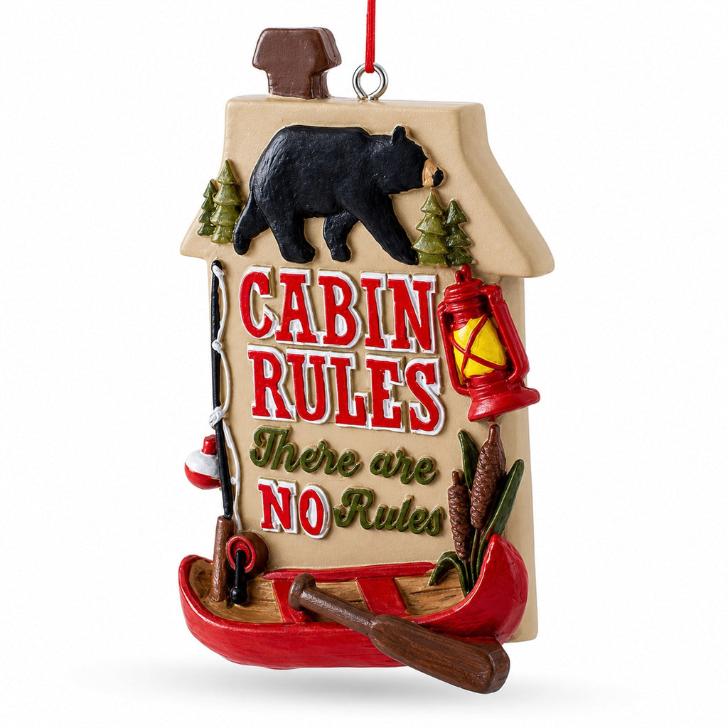 Rustic Cabin Rules Sign with Bear and Canoe Resin Christmas Ornament