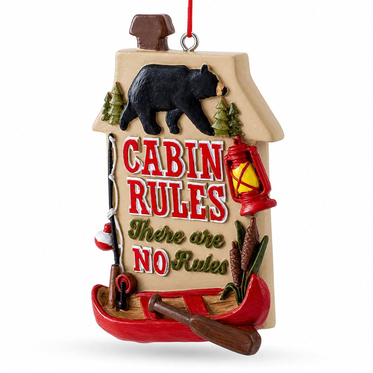Rustic Cabin Rules Sign with Bear and Canoe Resin Christmas Ornament