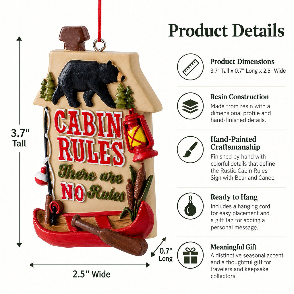 Rustic Cabin Rules Sign with Bear and Canoe Resin Christmas Ornament