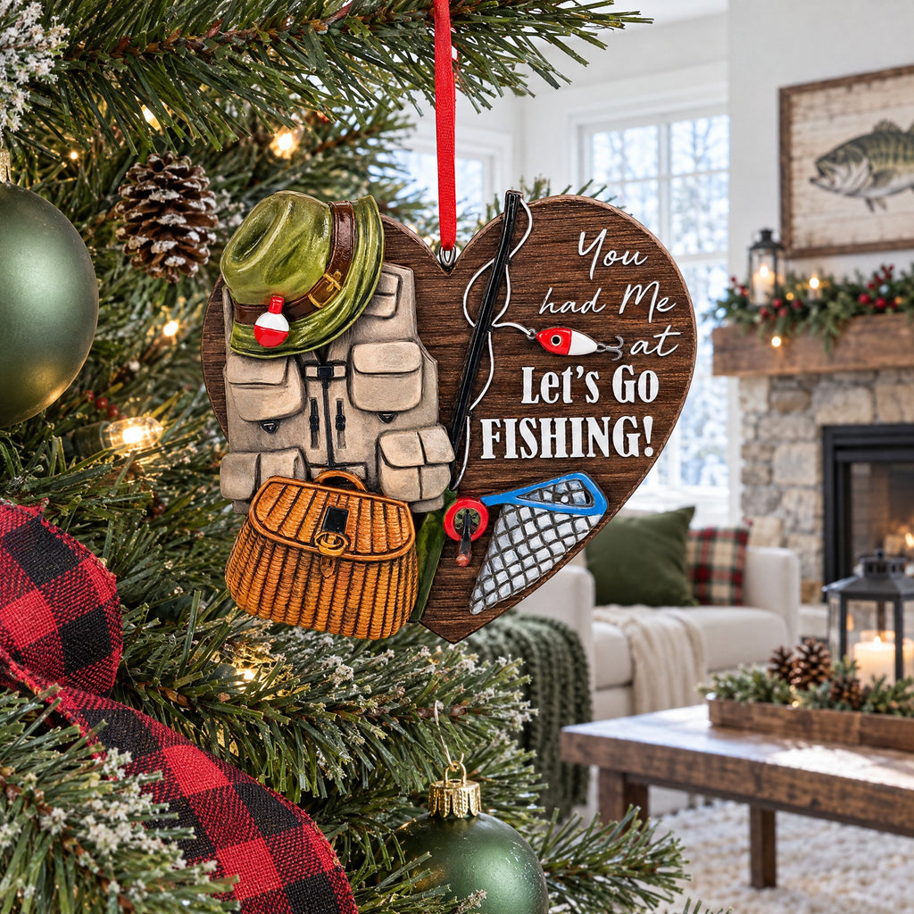 Let’s Go Fishing Heart Shape Fisherman Gear Resin Christmas Ornament