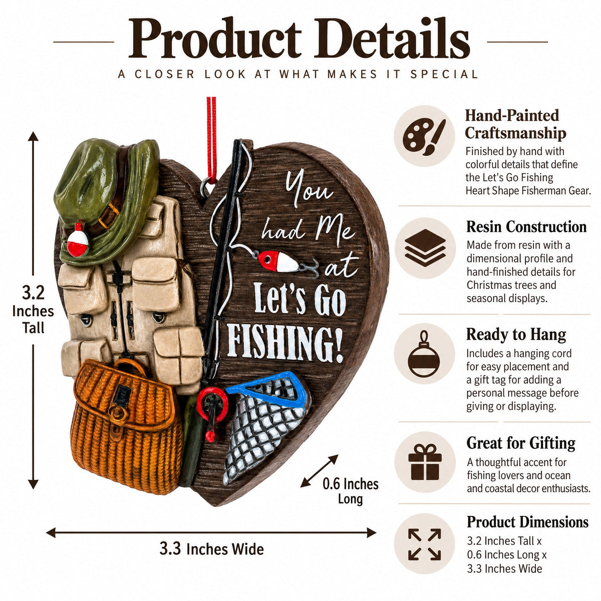 Let’s Go Fishing Heart Shape Fisherman Gear Resin Christmas Ornament