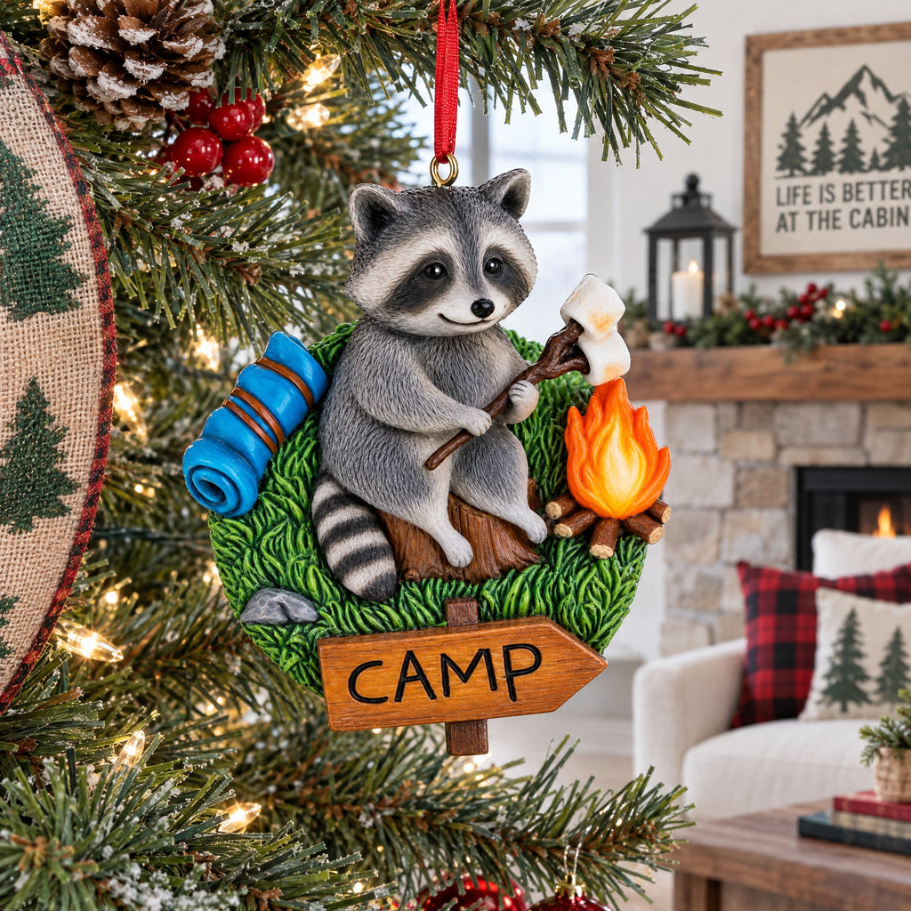 Camping Raccoon with Marshmallow Campfire Resin Christmas Ornament