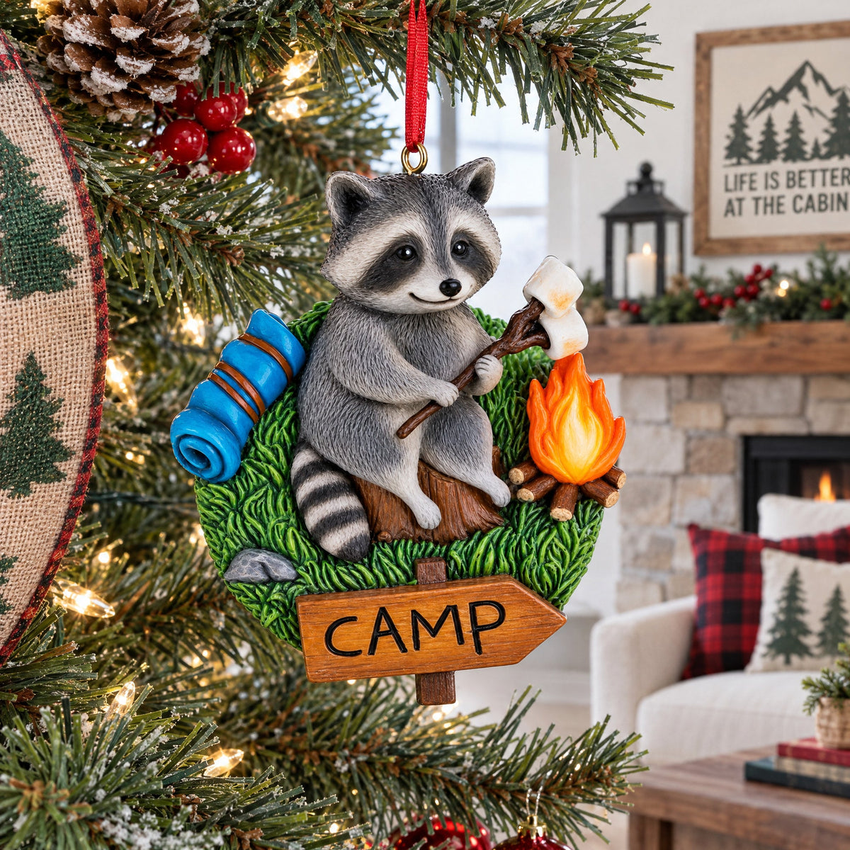 Camping Raccoon with Marshmallow Campfire Resin Christmas Ornament