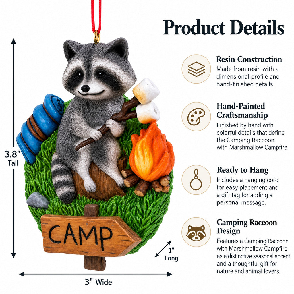 Camping Raccoon with Marshmallow Campfire Resin Christmas Ornament