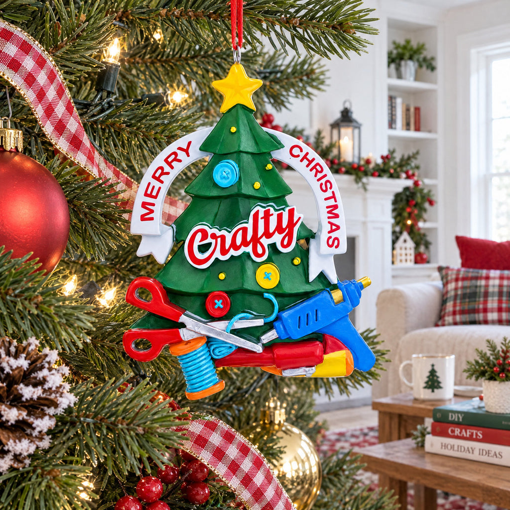 Crafty Tree with Scissors and Glue Gun Resin Christmas Ornament