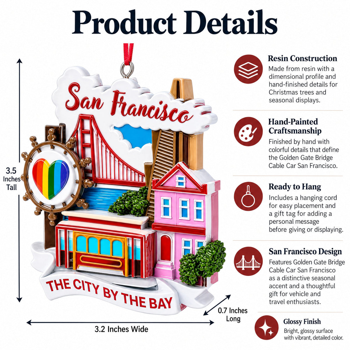 Golden Gate Bridge Cable Car San Francisco Resin Christmas Ornament