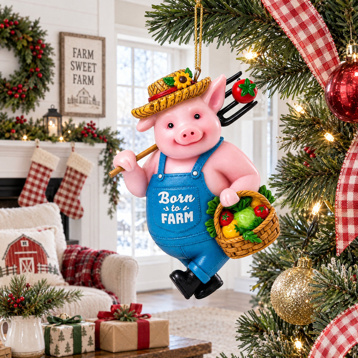 Farmer Pig with Veggie Basket Resin Christmas Ornament