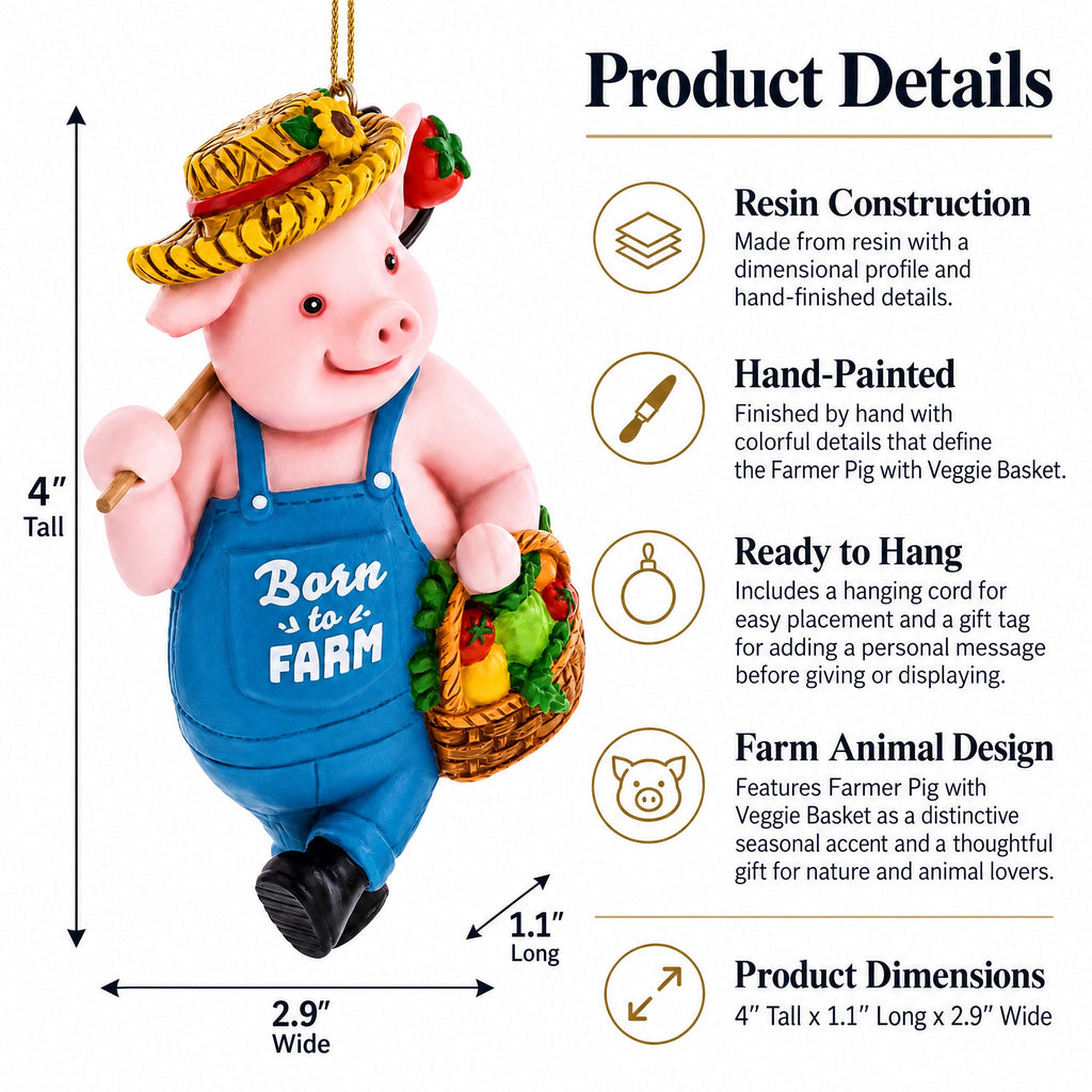 Farmer Pig with Veggie Basket Resin Christmas Ornament