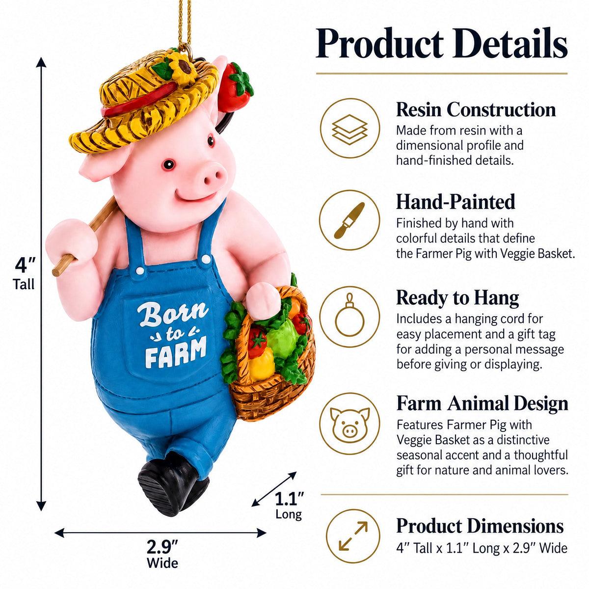 Farmer Pig with Veggie Basket Resin Christmas Ornament