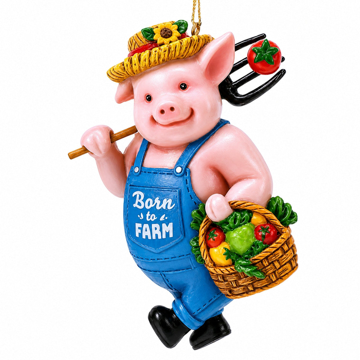 Farmer Pig with Veggie Basket Resin Christmas Ornament
