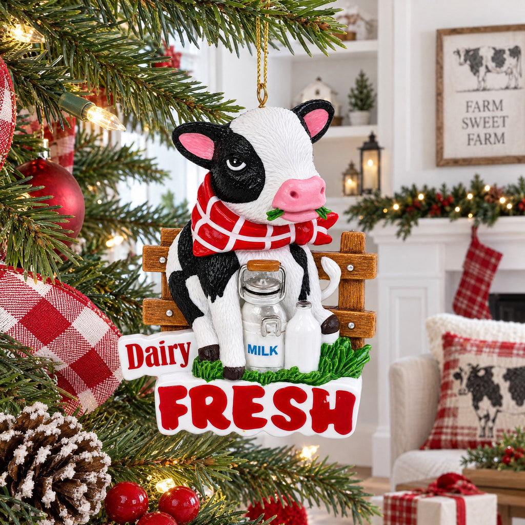 Dairy Fresh Cow with Milk Can Resin Christmas Ornament