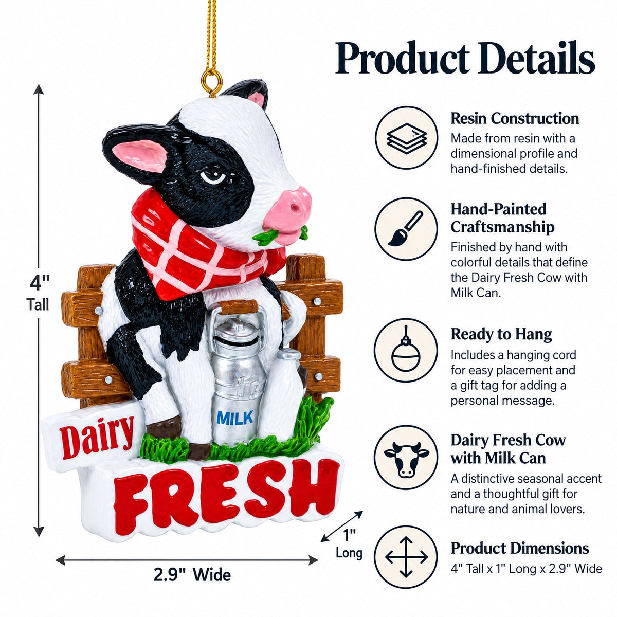 Dairy Fresh Cow with Milk Can Resin Christmas Ornament
