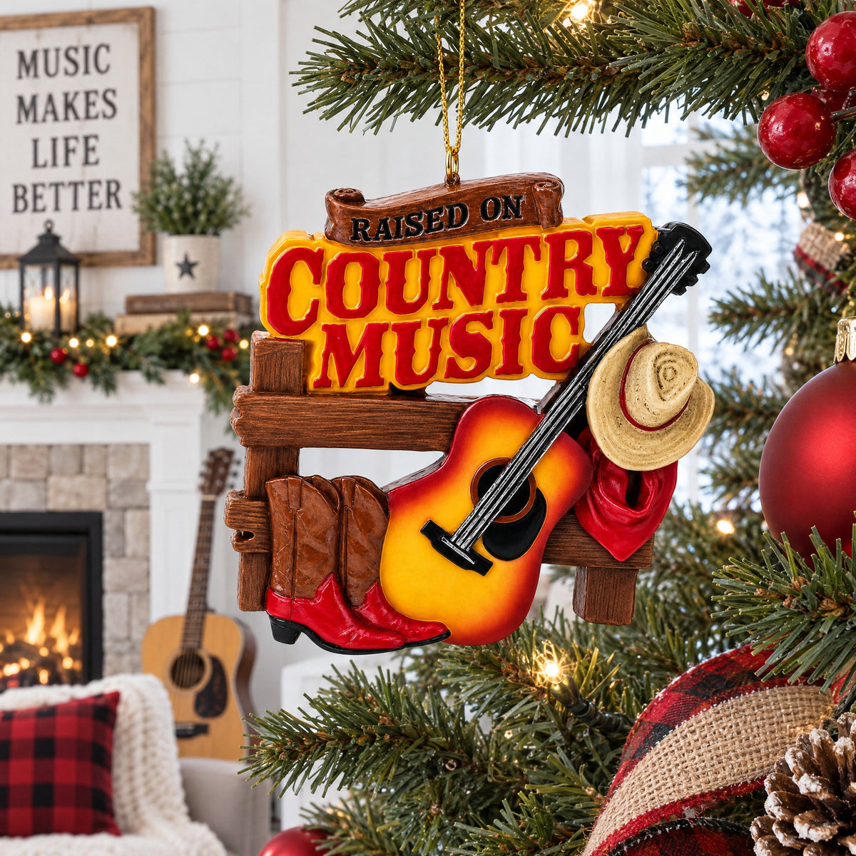 Raised on Country Music Fan Guitar Hat Boots Resin Christmas Ornament