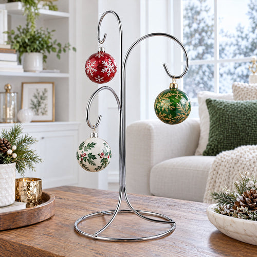 3-Arm 3-Tier Silver Metal Ornament Stand Display 10.75 Inches