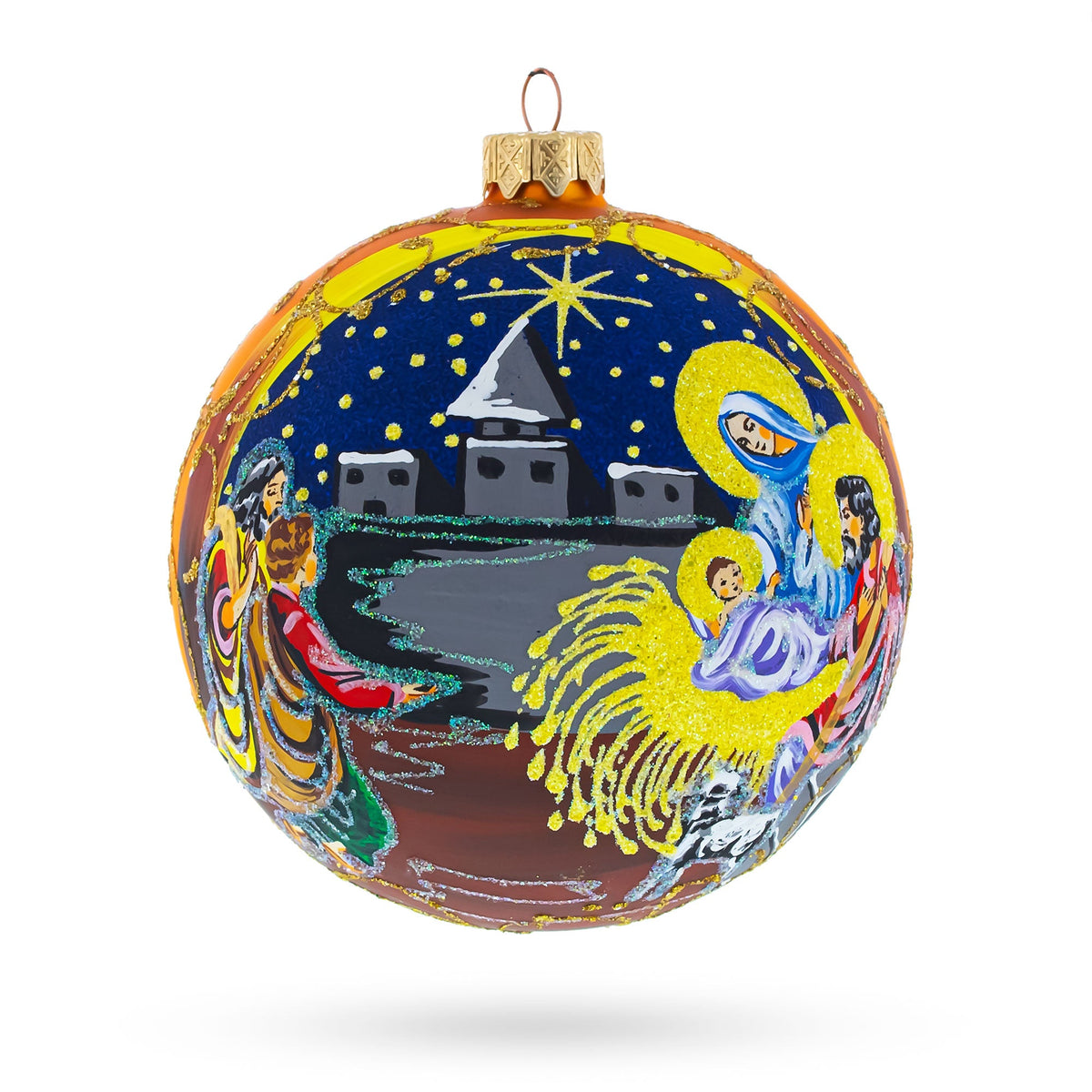 Heavenly Stars Admiring Newborn Jesus Glass Ball Christmas Ornament 3.25 Inches