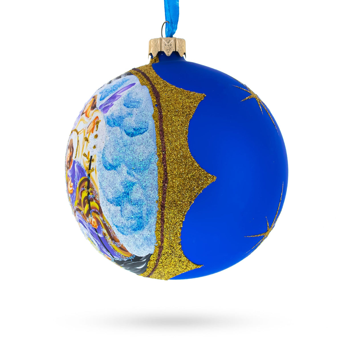Divine Angels and Holy Family Admiring Jesus Nativity Scene Glass Ball Christmas Ornament 4 Inches