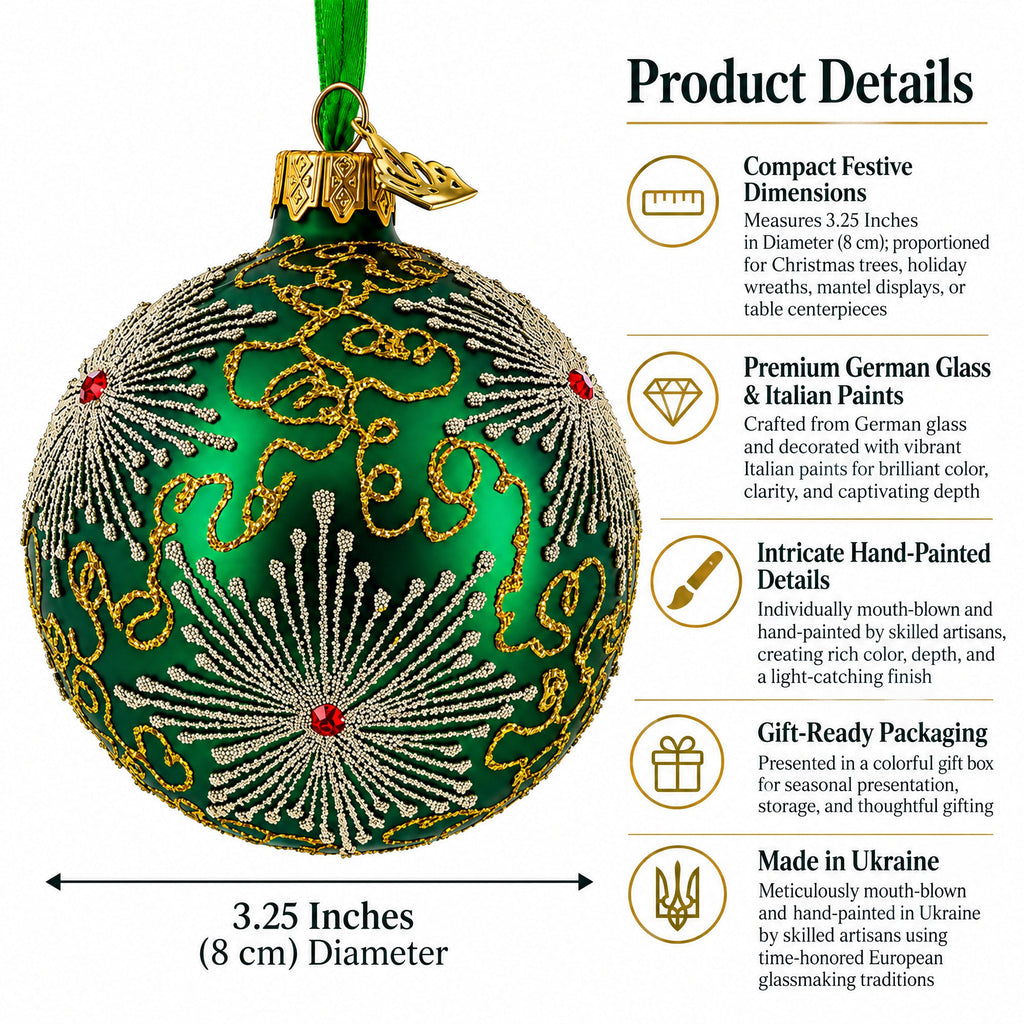 Dazzling Jeweled Snowflakes on Green Glass Ball Christmas Ornament 3.25 Inches