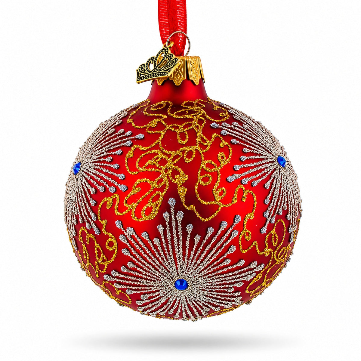 Radiant Jeweled Snowflake on Red Glass Christmas Ornament 3.25 Inches