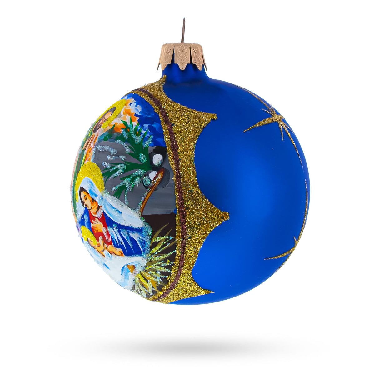 Loving Joseph and Mary Admiring Baby Jesus Glass Ball Christmas Ornament 3.25 Inches