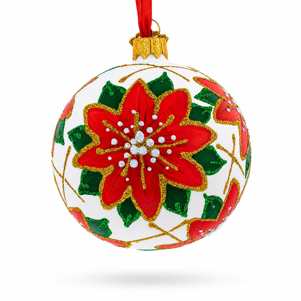Poinsettia Flowers on White Glass Ball Christmas Ornament 3.25 Inches