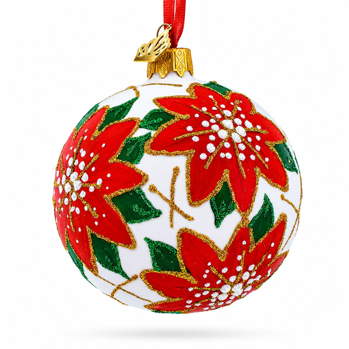 Poinsettia Flowers on White Glass Ball Christmas Ornament 3.25 Inches