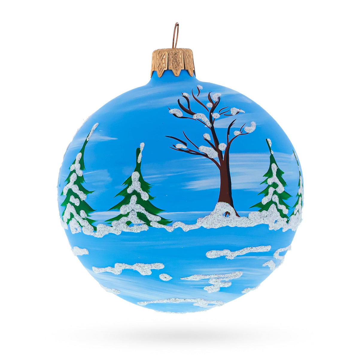 Santa & Snowman Winter Village Scene Glass Ball Christmas Ornament 3.25 Inches