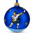 Hockey Player in Action on Blue Glass Ball Christmas Sports Ornament 4 Inches