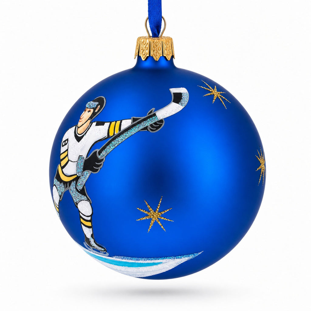 Hockey Player in Action on Blue Glass Ball Christmas Sports Ornament 4 Inches