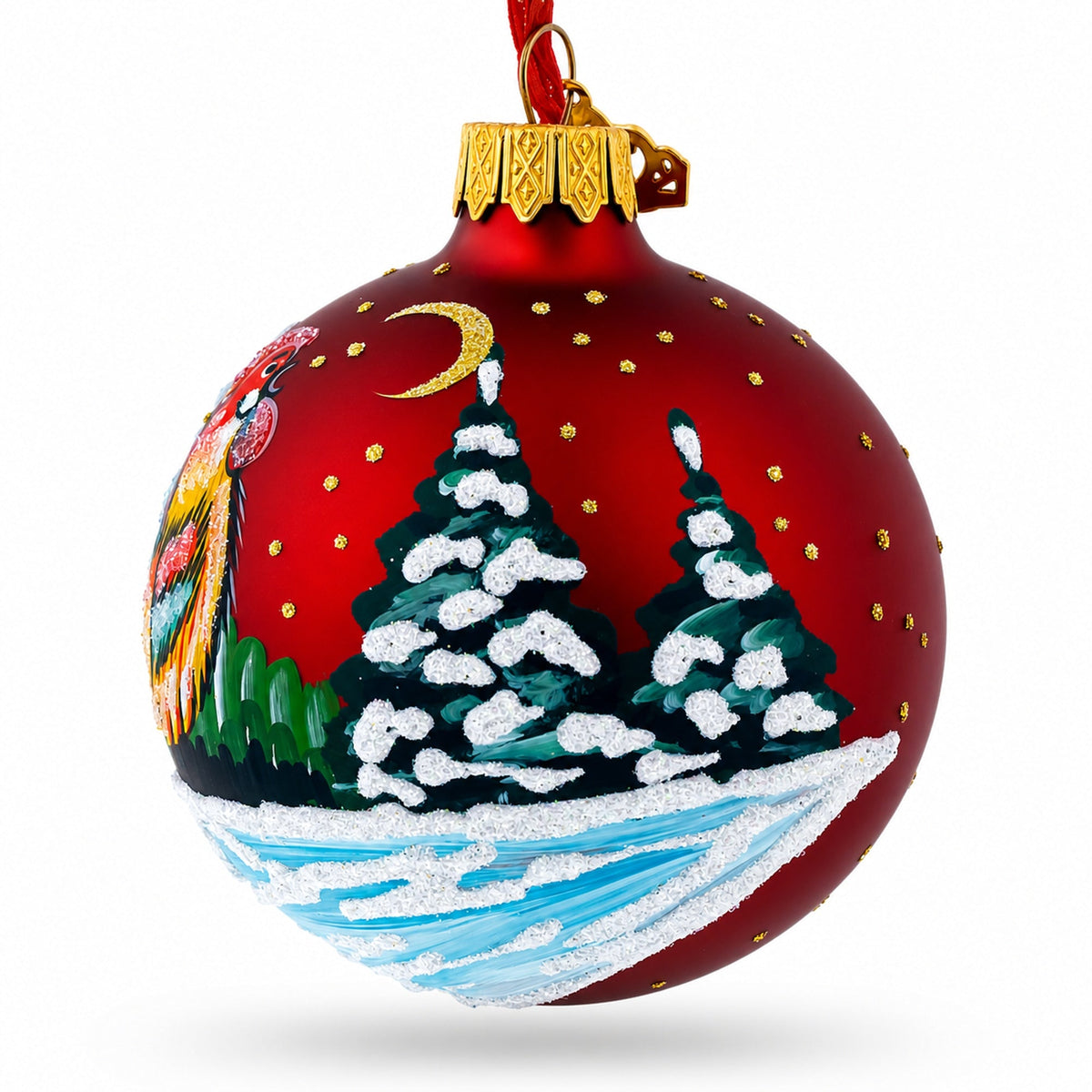 Rooster Village Scene Glass Ball Christmas Ornament 3.25 Inches